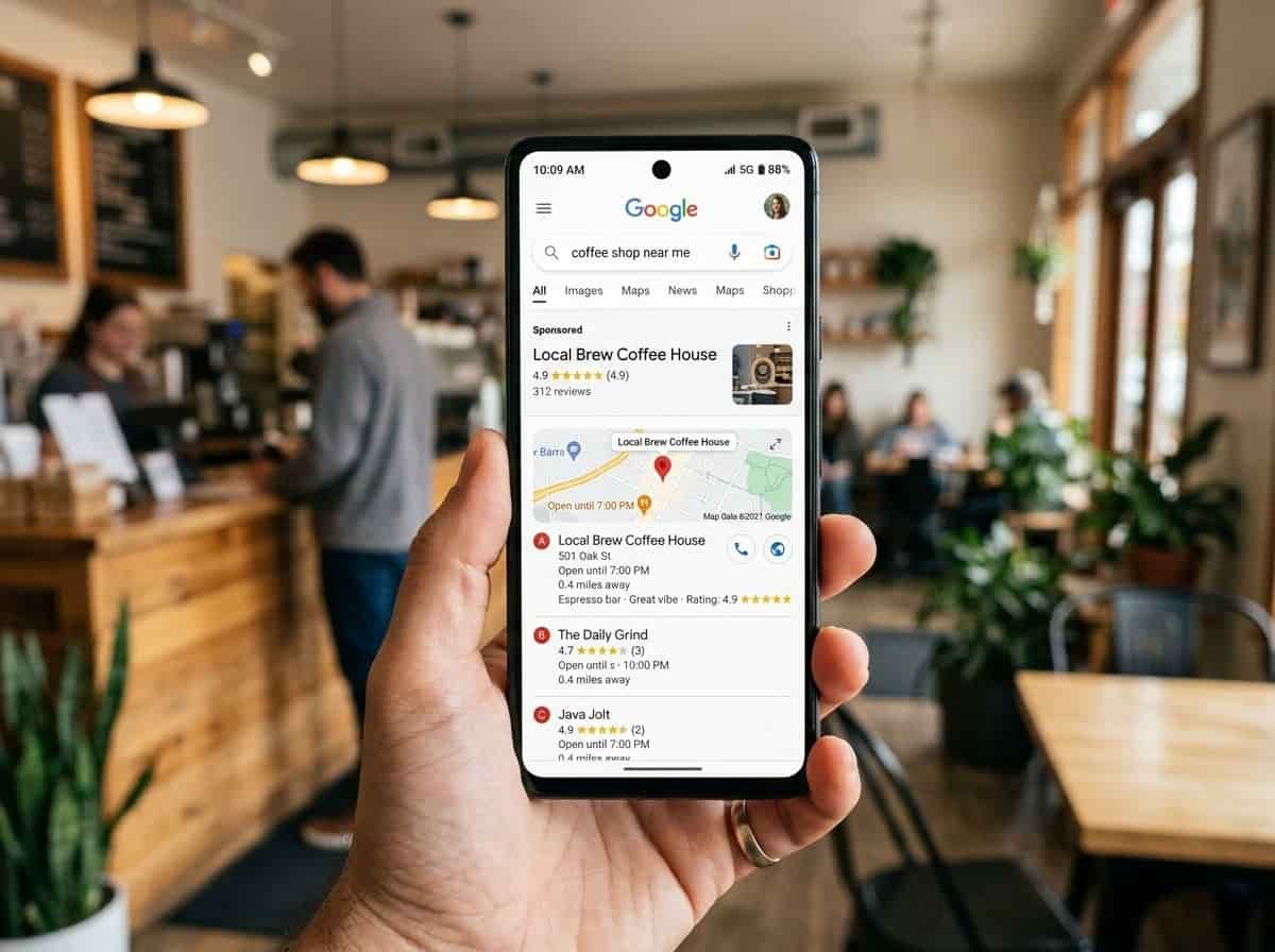 Mobile phone showing Mudgeeraba business at top of Google search results