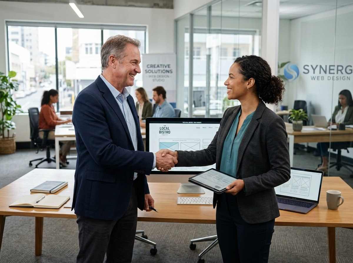 SEO specialist and local business owner reviewing website and SEO strategy together